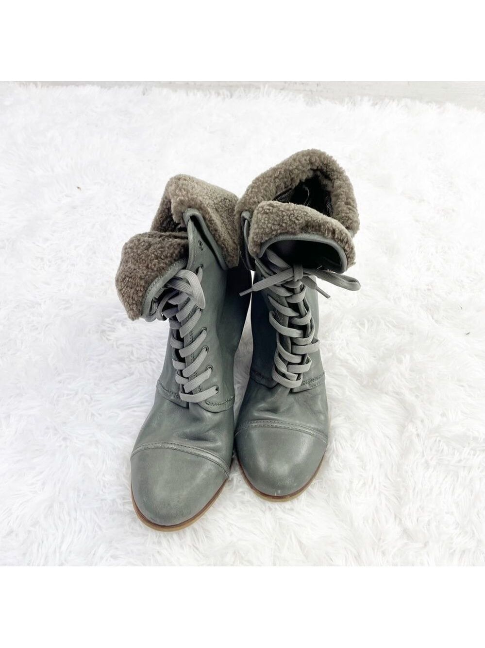 Barbara Bui Shearling Foldover Lace Up Leather Wedge Booties - Picture 6 of 8